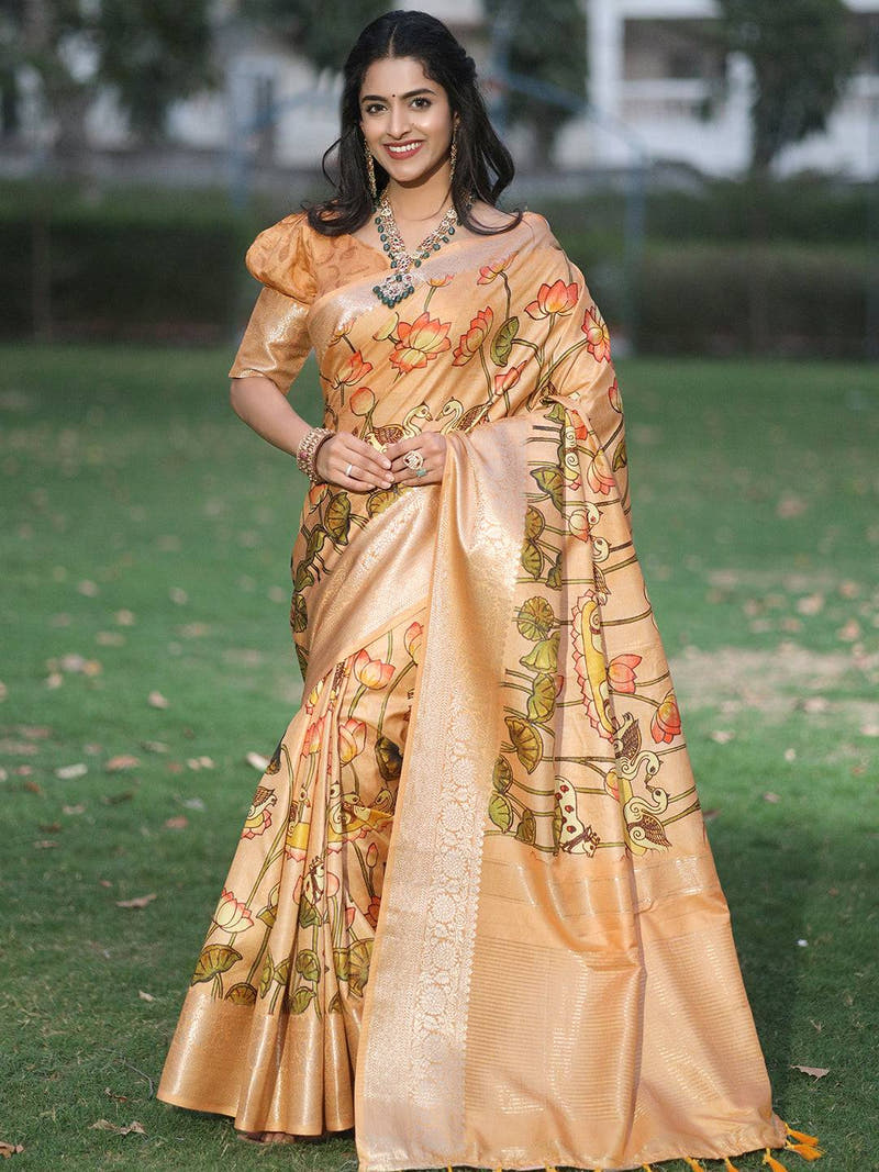Peach Pure Viscose Dola Silk Saree With Pichwai And Mughal Print - Luxe