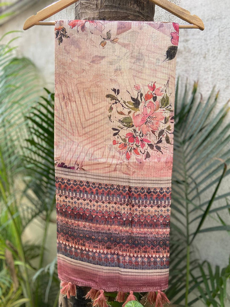 Traditional Cream Colour Soft Kota Doriya Silk Saree With Flower Print