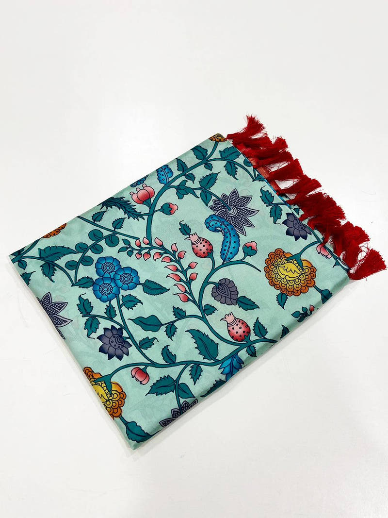 Turquiose Floral Printed Banarasi Saree
