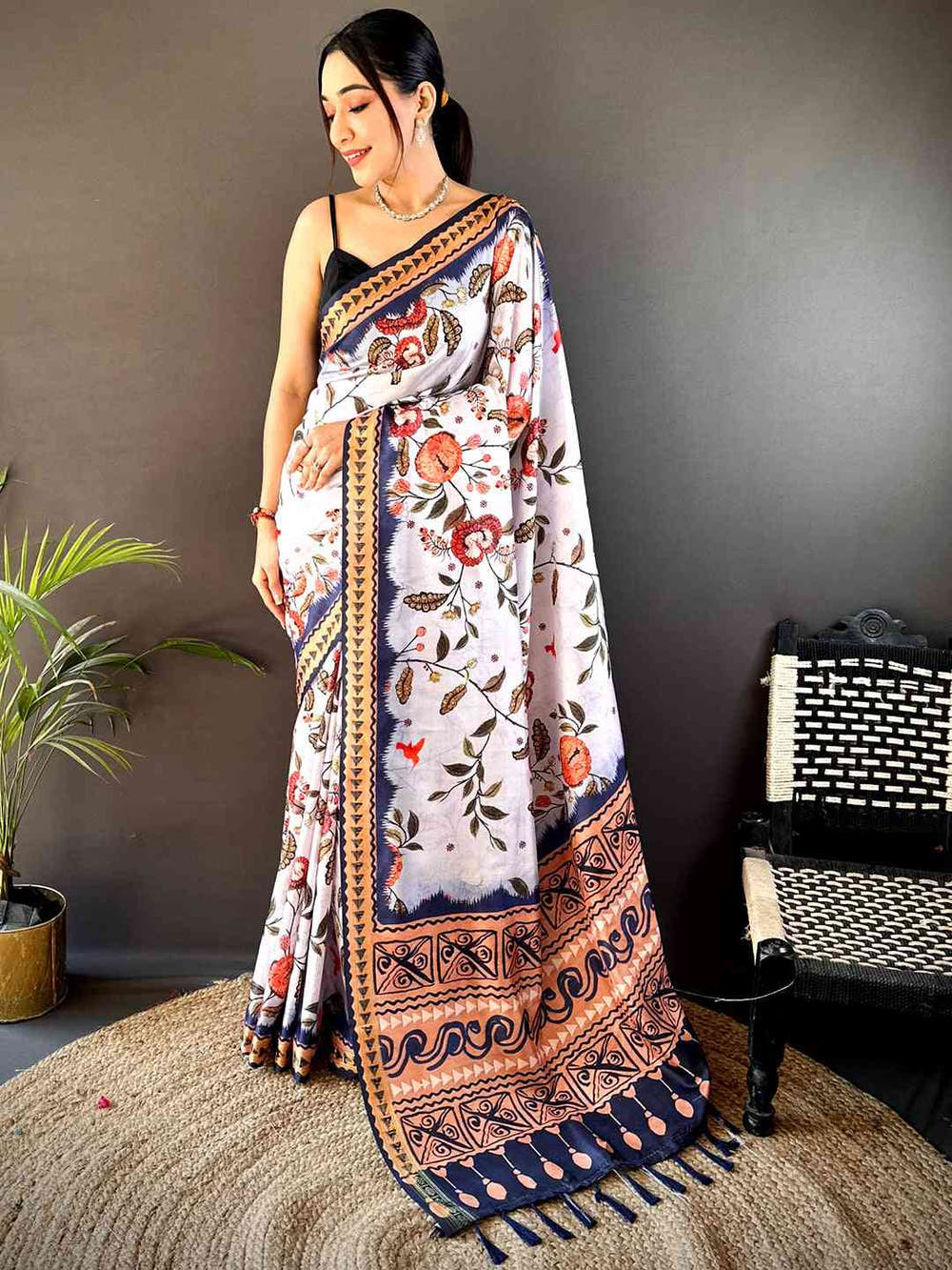 Off White Soft Silk Floral Saree