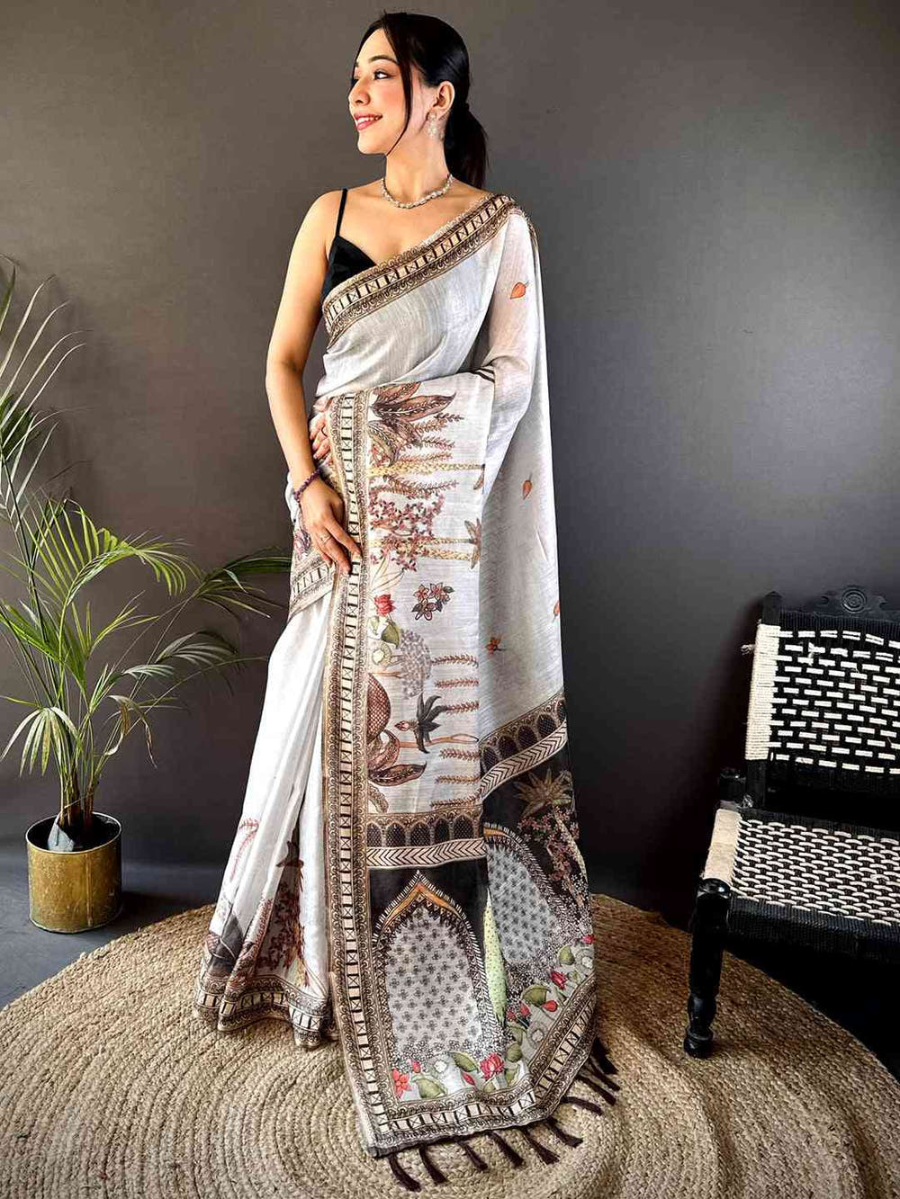 Grey Tissue Floral Leaf Print Saree