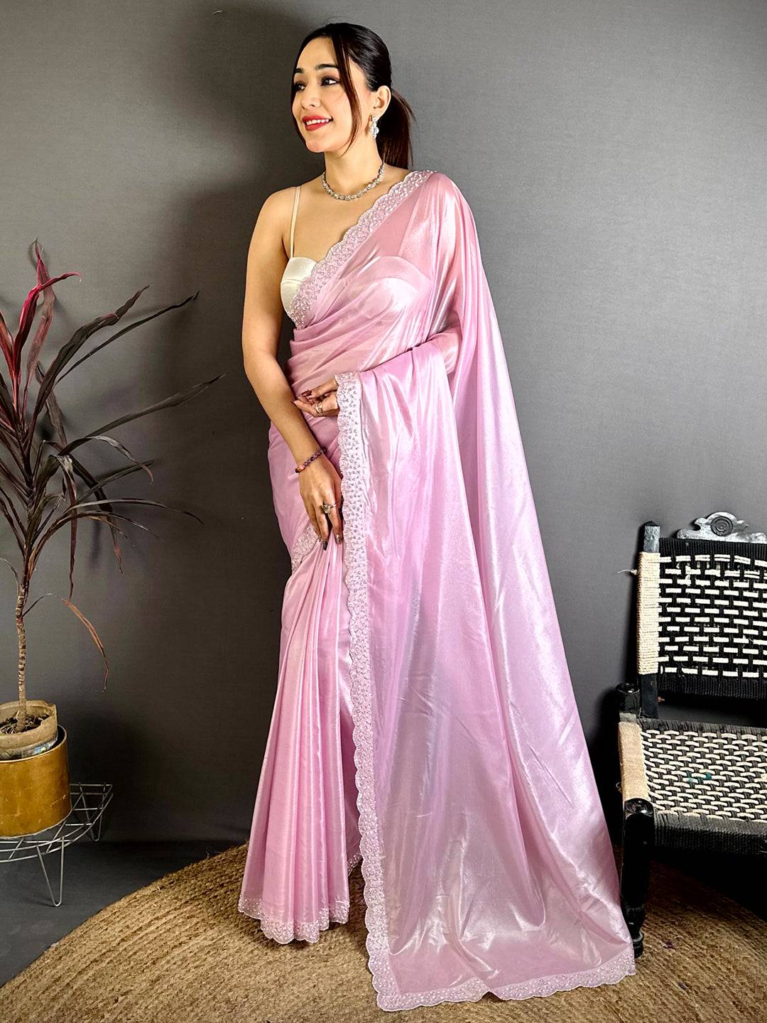 Radiant Silver Glass Stone Work Silk Saree