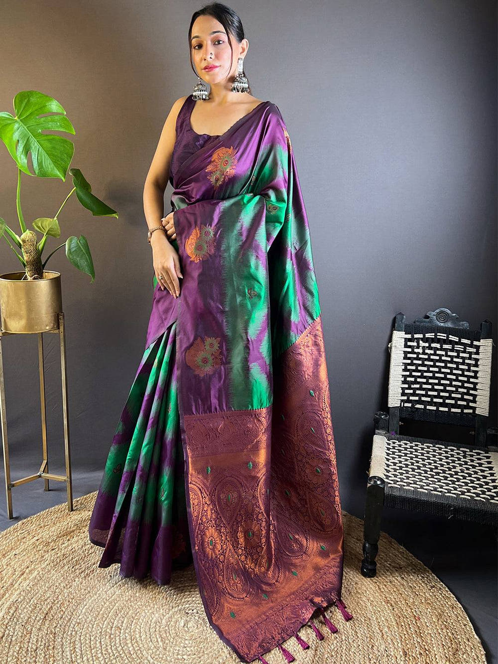 Dark Green Tussar Silk Ikkat Weaving Saree