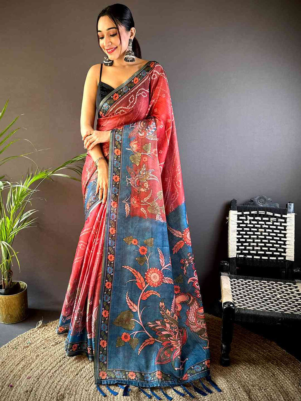 Red Tissue Bandhej Kalamkari Saree