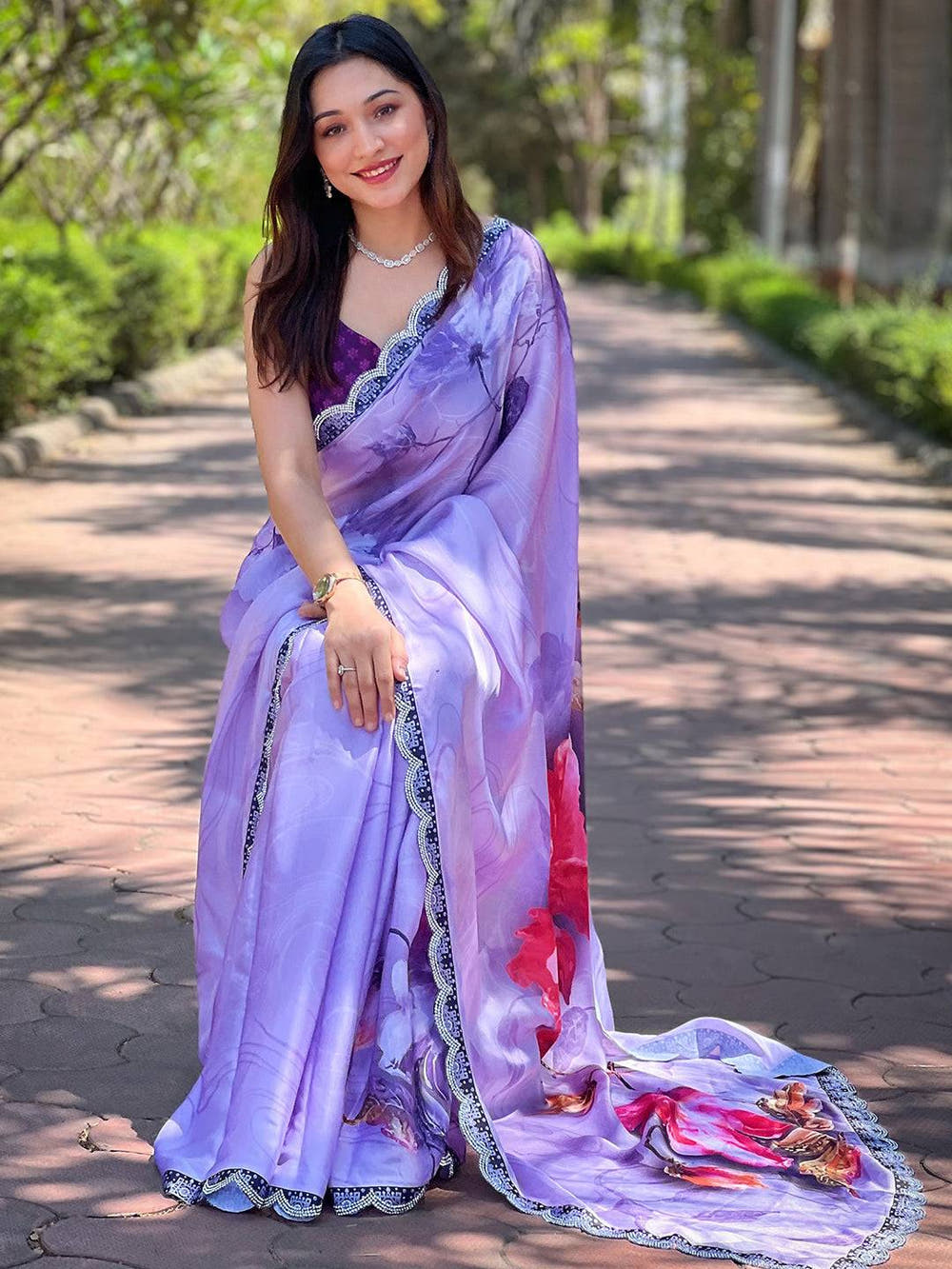 Purple Satin Georgette Floral Print Saree