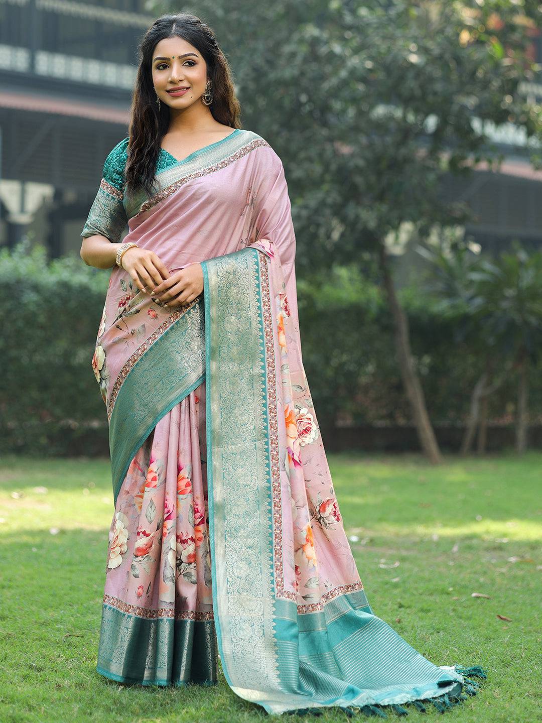 Light Pink Colour Phulkari Design Zari Weaving Pallu Saree - Luxe