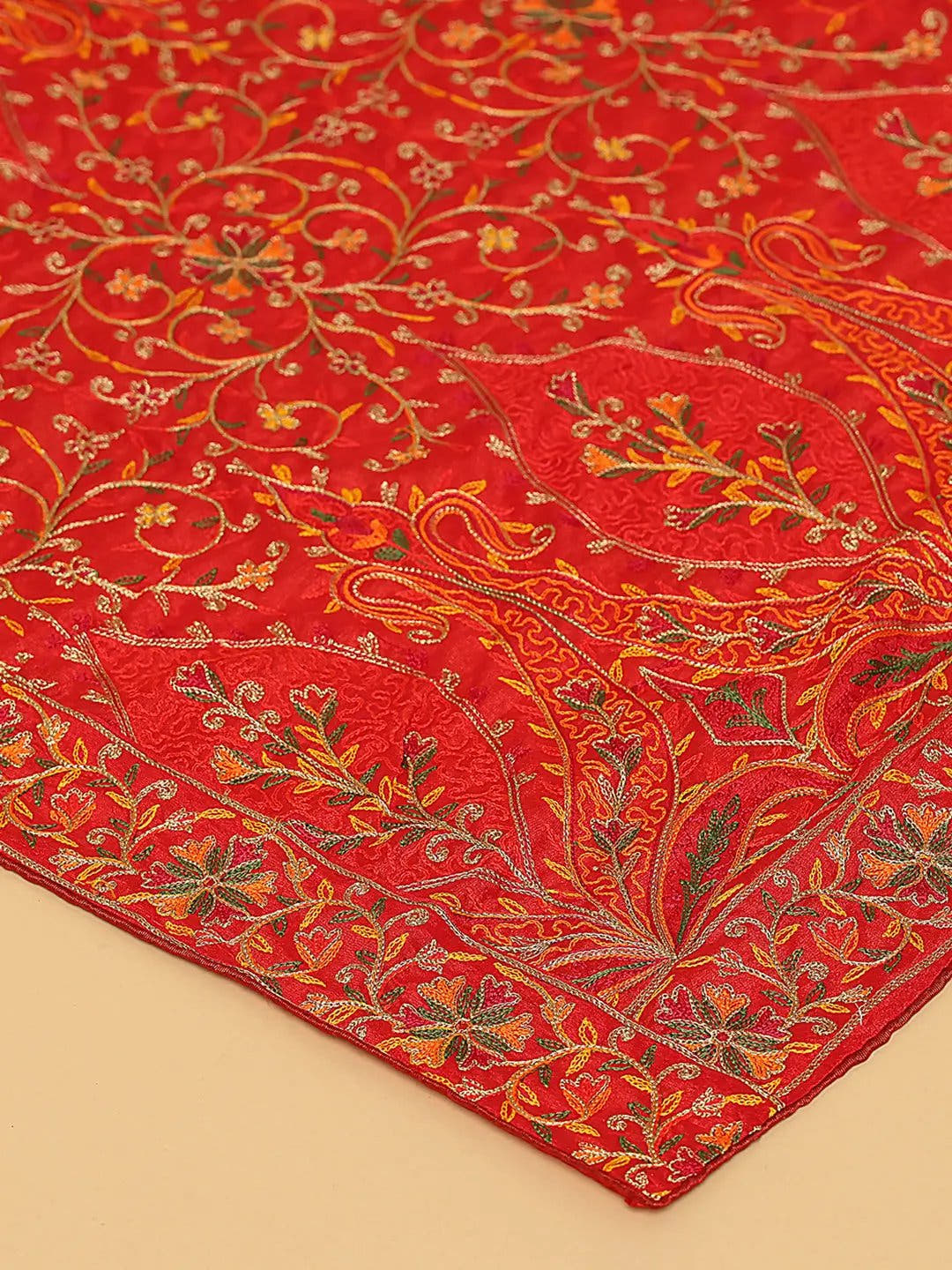 Bright Red Orange Dense Floral Pashmina Dupatta