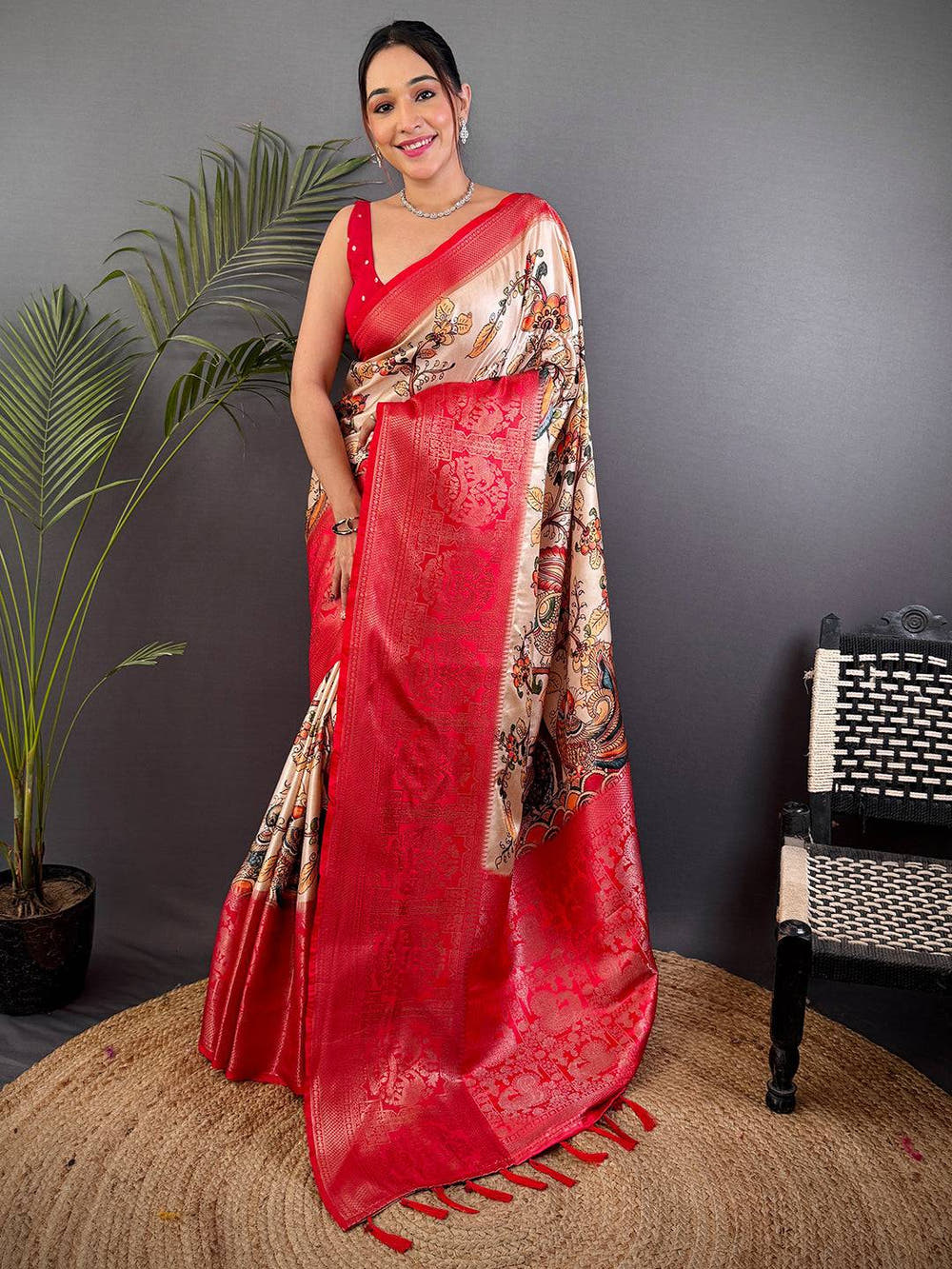 Beige Kalamkari Printed Soft Satin Saree