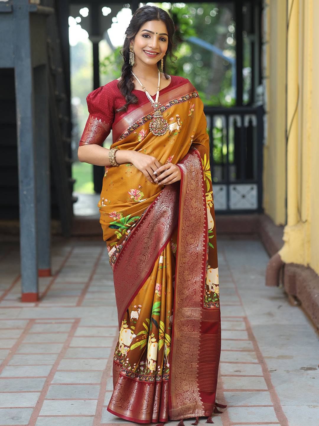 Pichwai Print Zari Weaving Pallu Saree In Mustard Colour - Luxe