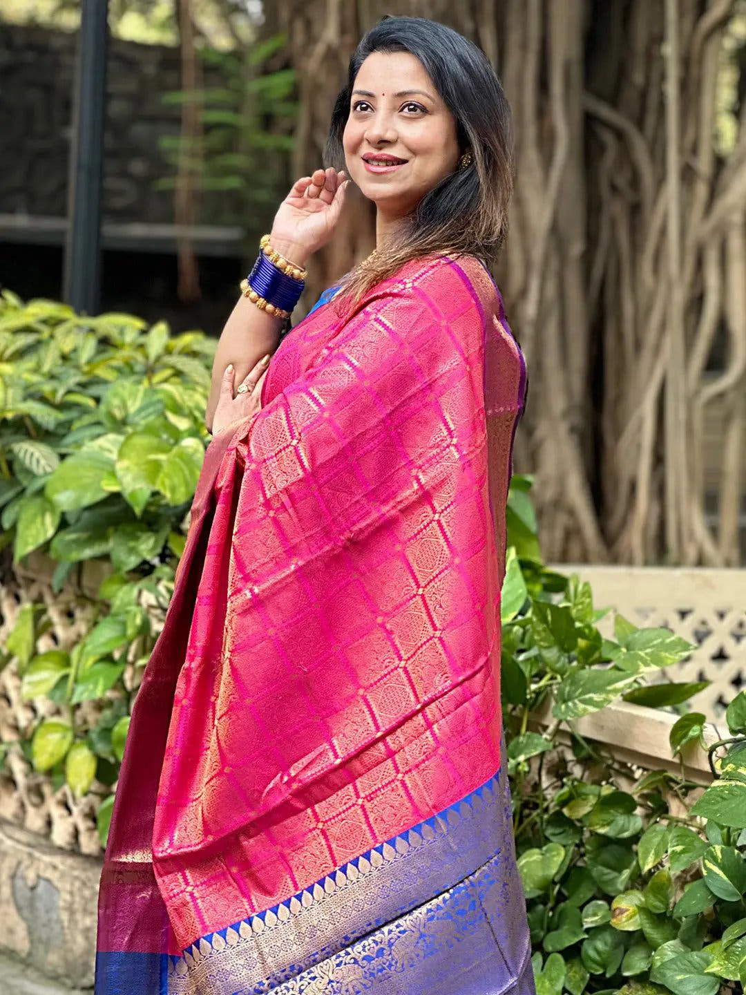 Checked Print Kanjivaram Silk Saree With Zari Work