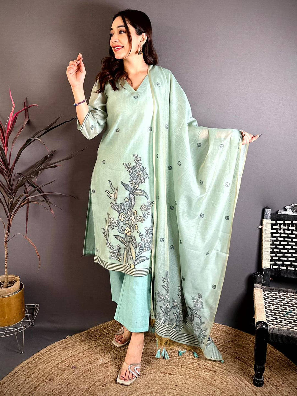 Sage  Green  Floral  Weave  Dress