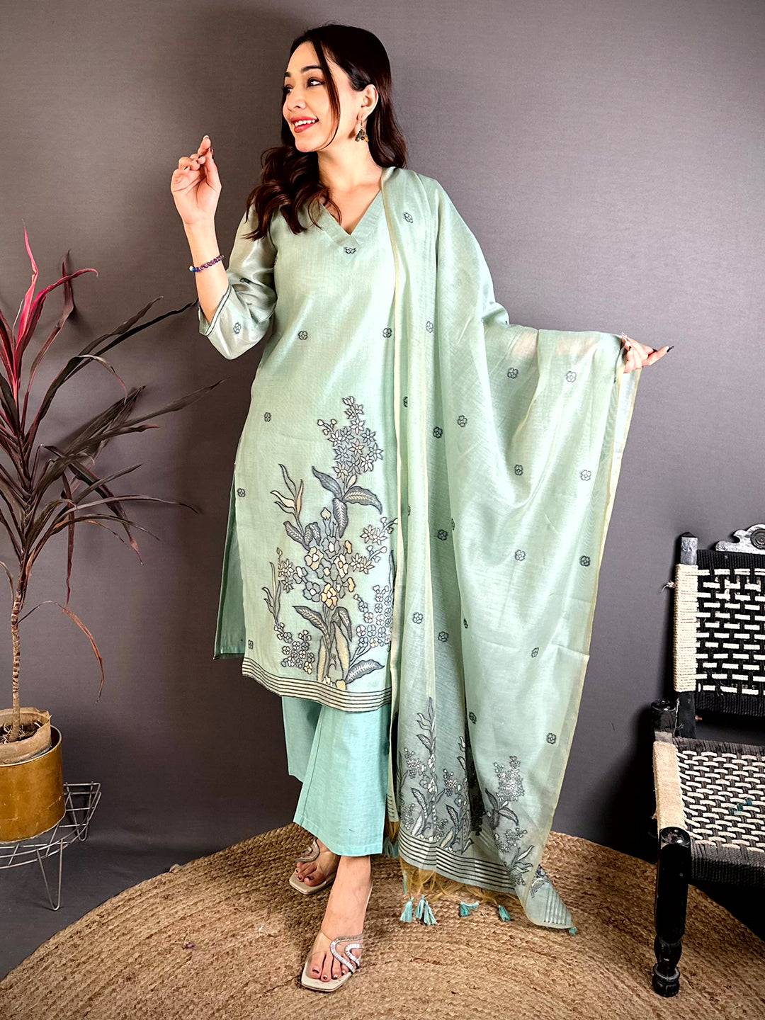 Sage  Green  Floral  Weave  Dress