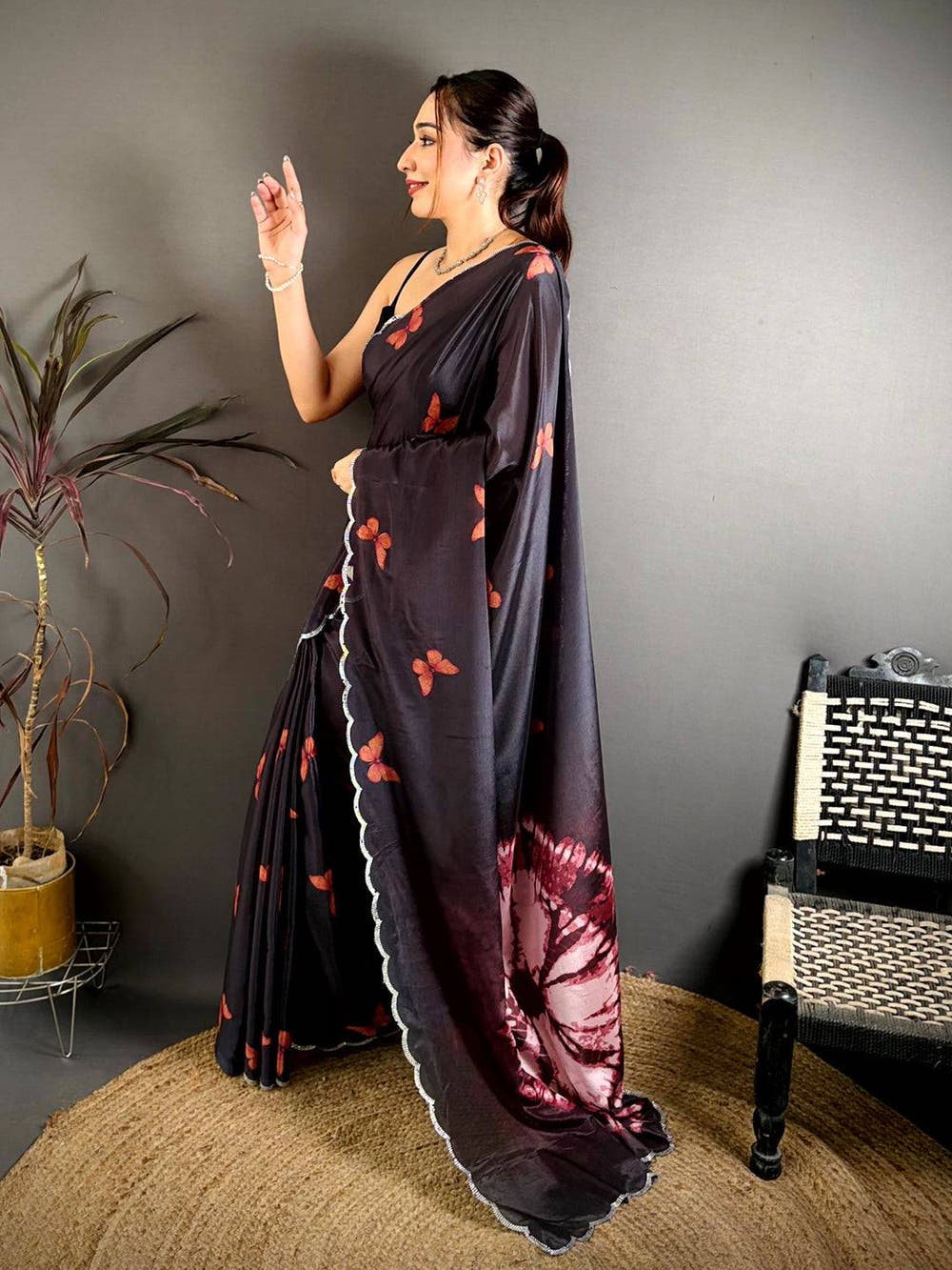 Black Soft Chinnon Butterfly Print Saree