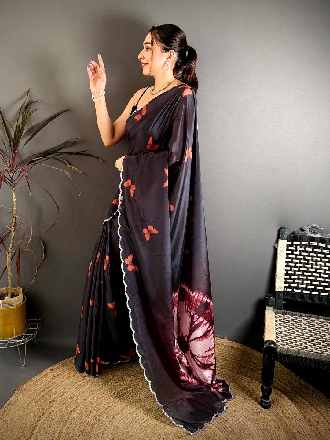 Black Soft Chinnon Butterfly Print Saree