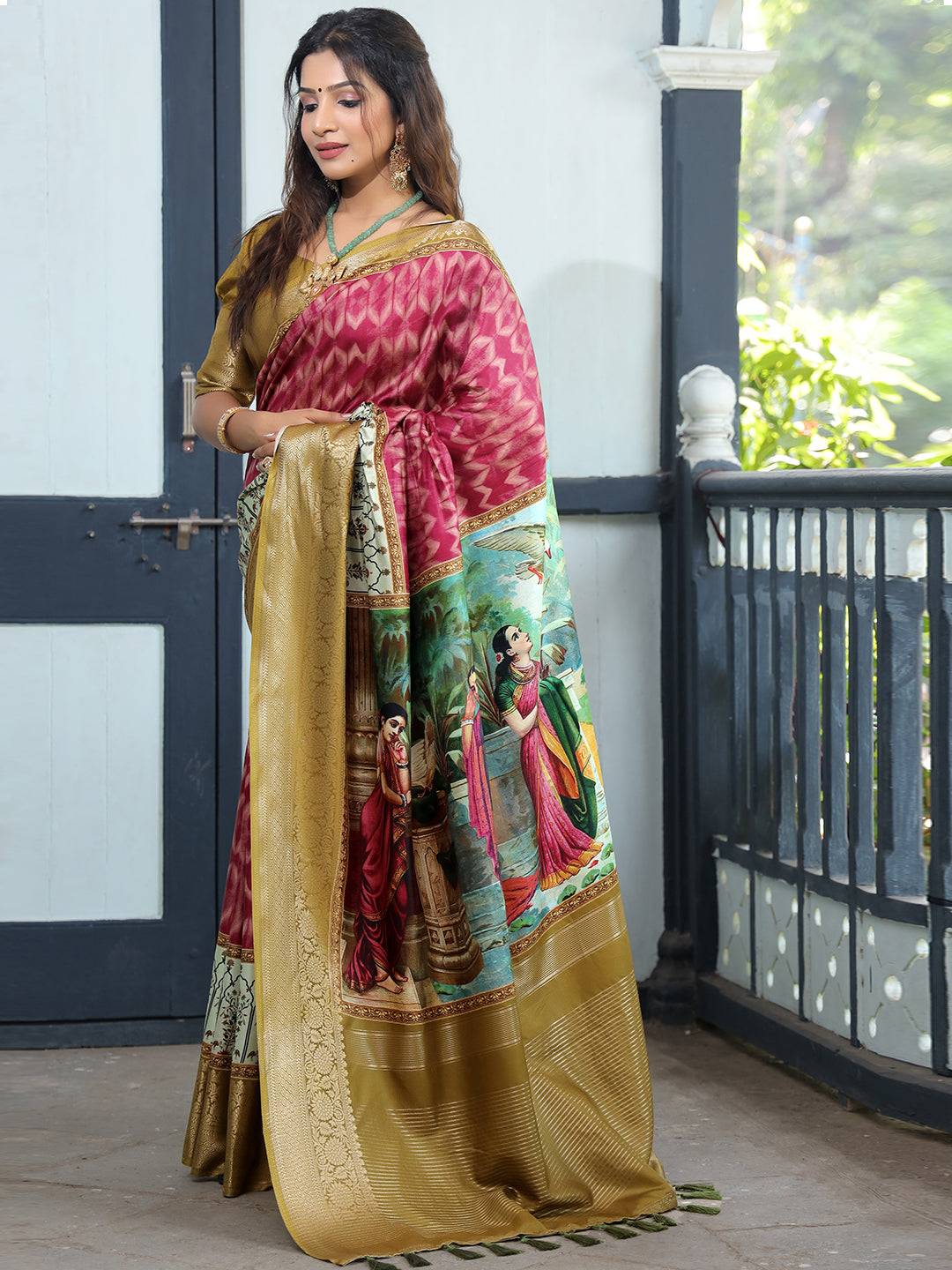 Magenta Pure Viscose Dola Silk Saree With Kalamkari And Mughal Print - Luxe