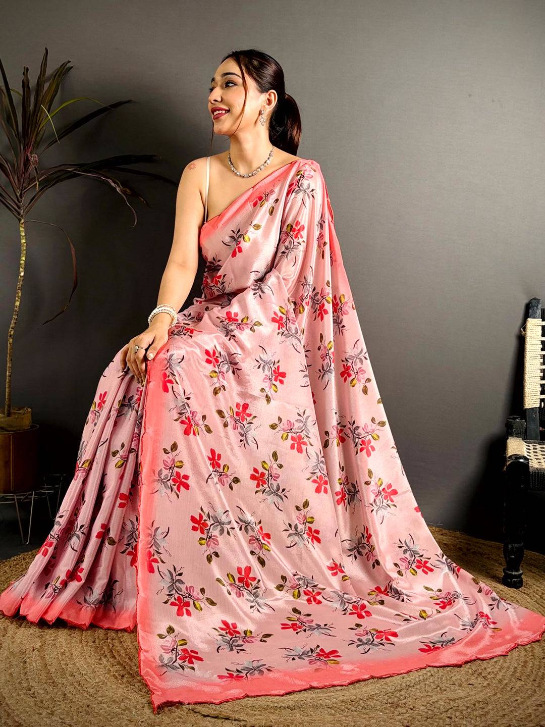 Pink Chinnon Embroidered Border Saree