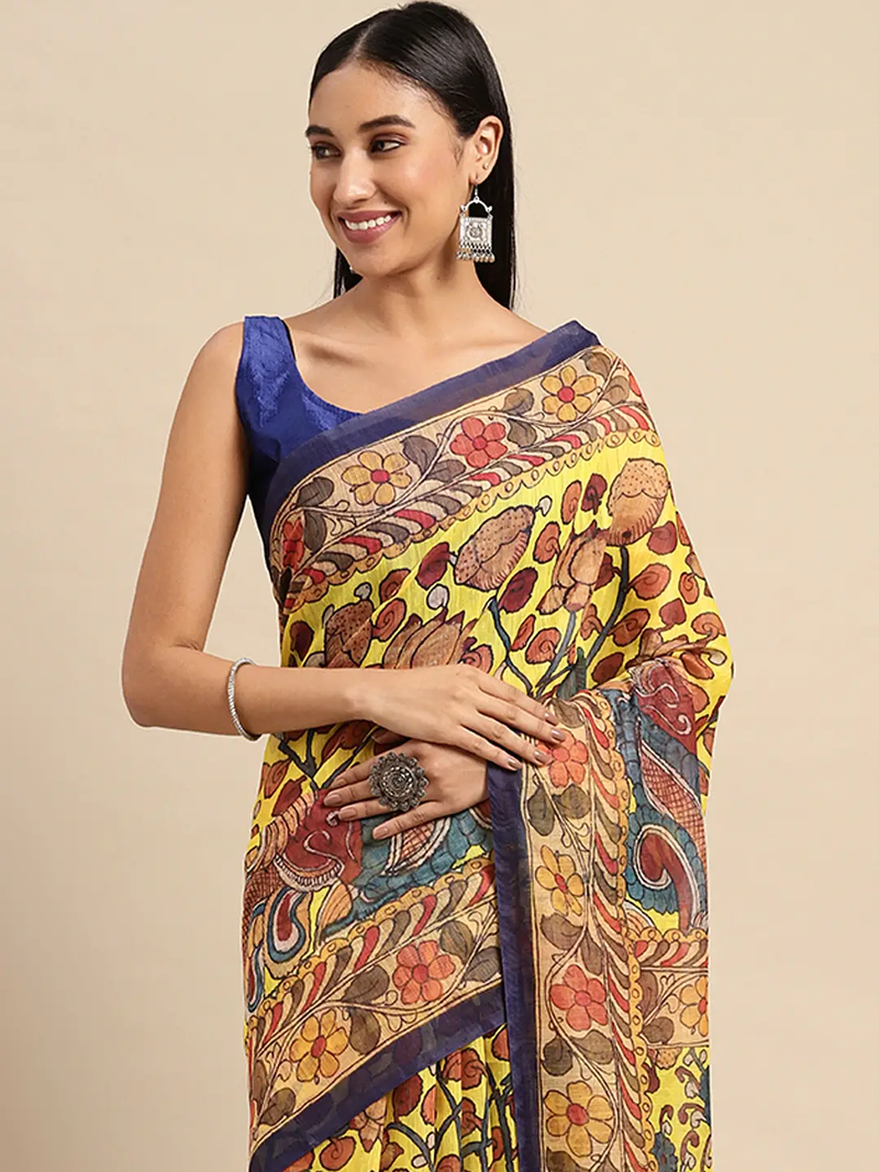Beautiful Digital Print Kalamakri Design Soft Linen Saree