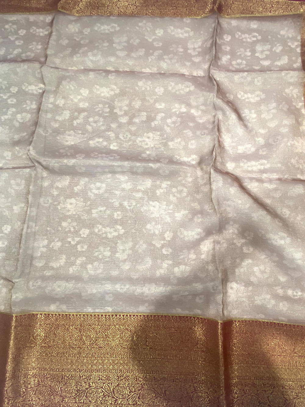 Tan Beige Floral Gold Zari Tissue Saree