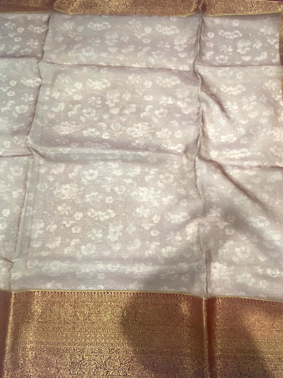 Tan Beige Floral Gold Zari Tissue Saree
