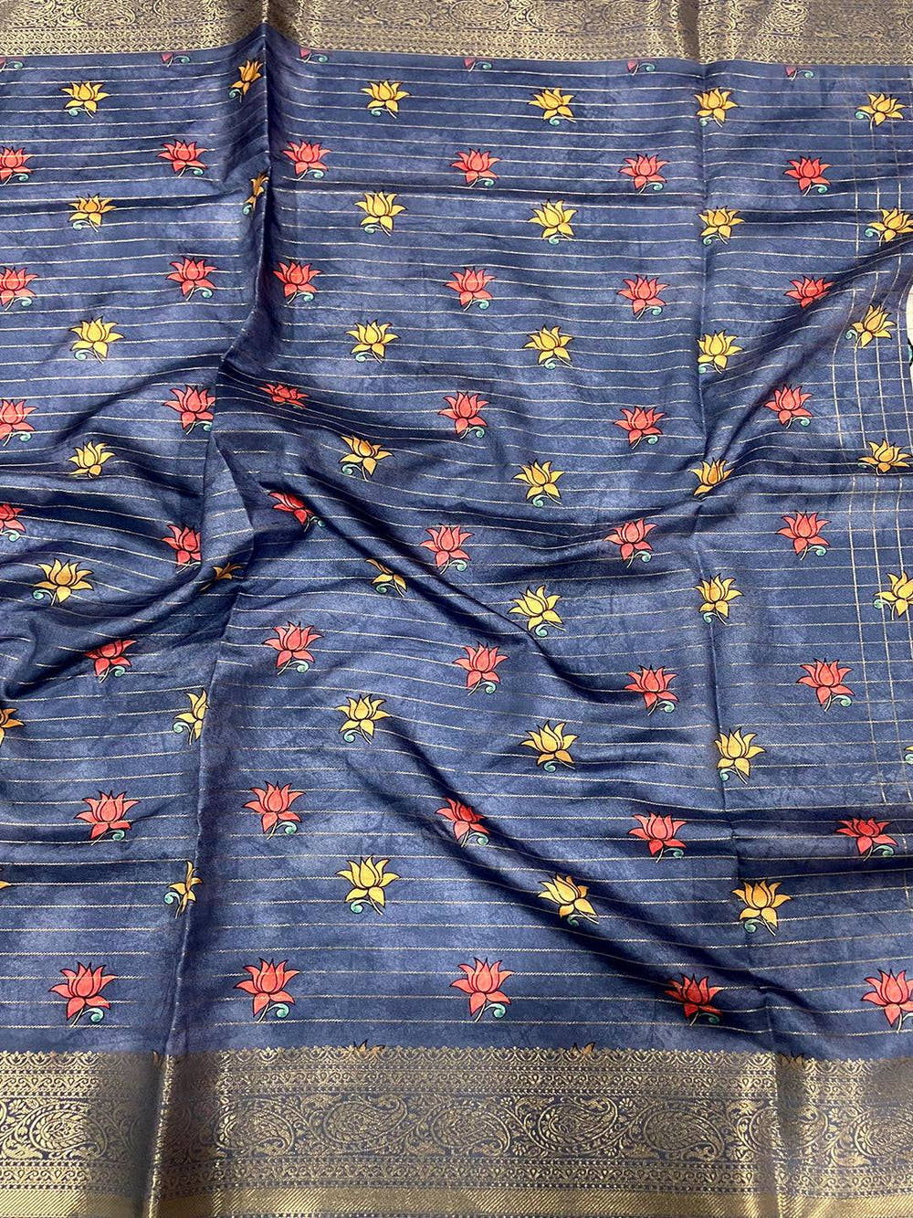 Blue Freehand Design Gadwal Saree