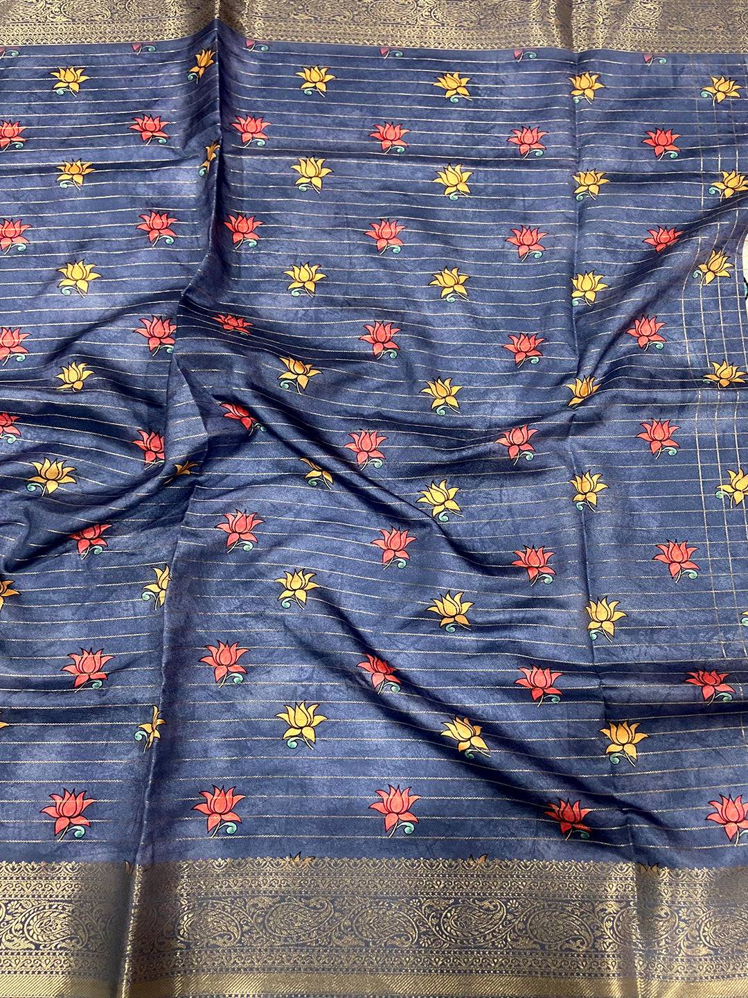 Blue Freehand Design Gadwal Saree