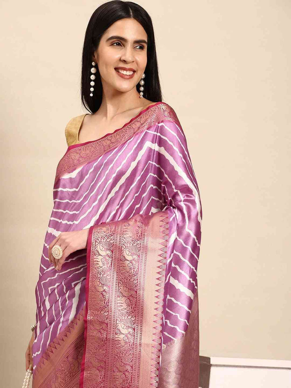 Designer Kanchi Zari Border Leheriya Purple Party Wear Saree