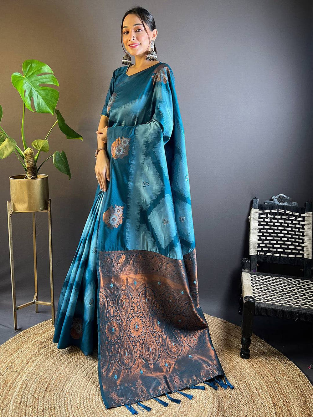 Blue Tussar Silk Ikkat Weaving Saree