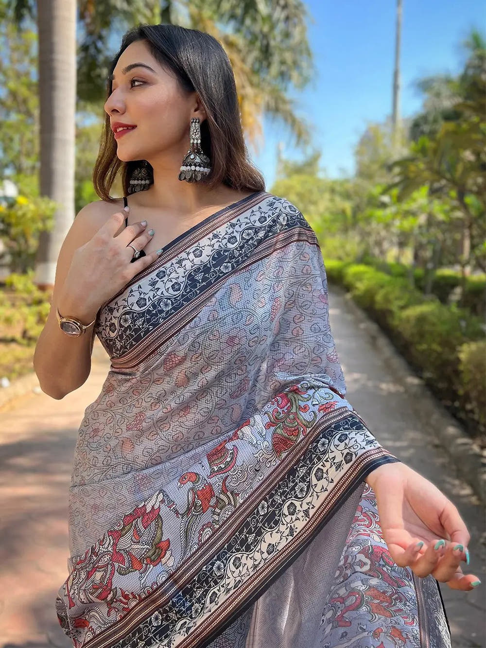 Satin Kota Doria Saree With Kalamkari Digital Print In Lavender Colour