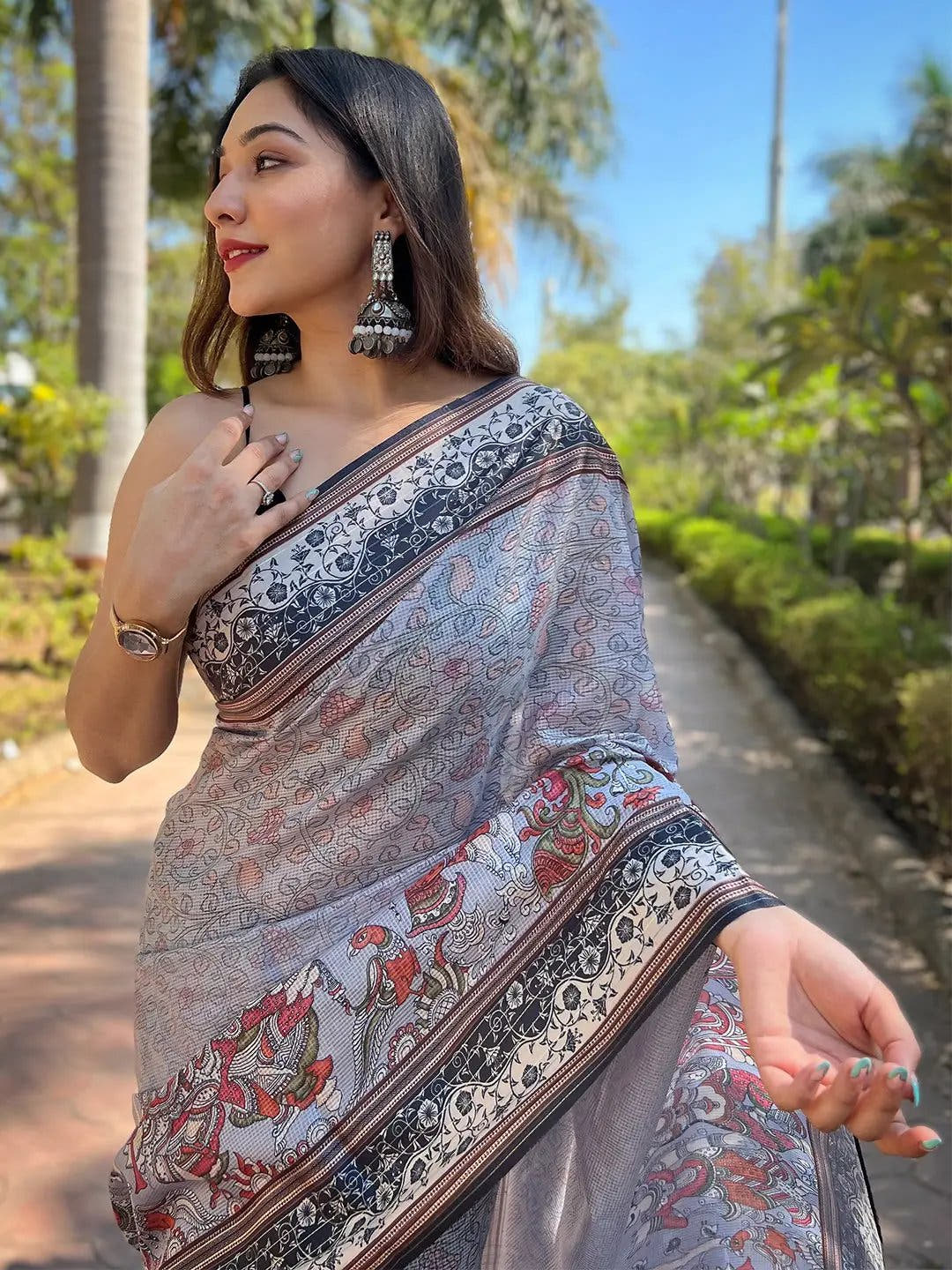 Satin Kota Doria Saree With Kalamkari Digital Print In Lavender Colour