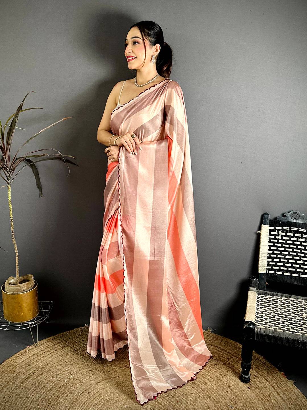 Classic Soft Chiffon Striped Cutwork Saree