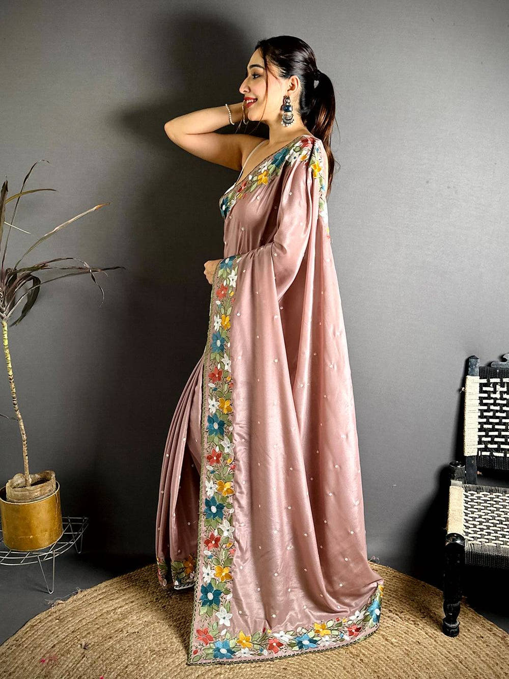 Opulent Floral Embroidered Border Saree
