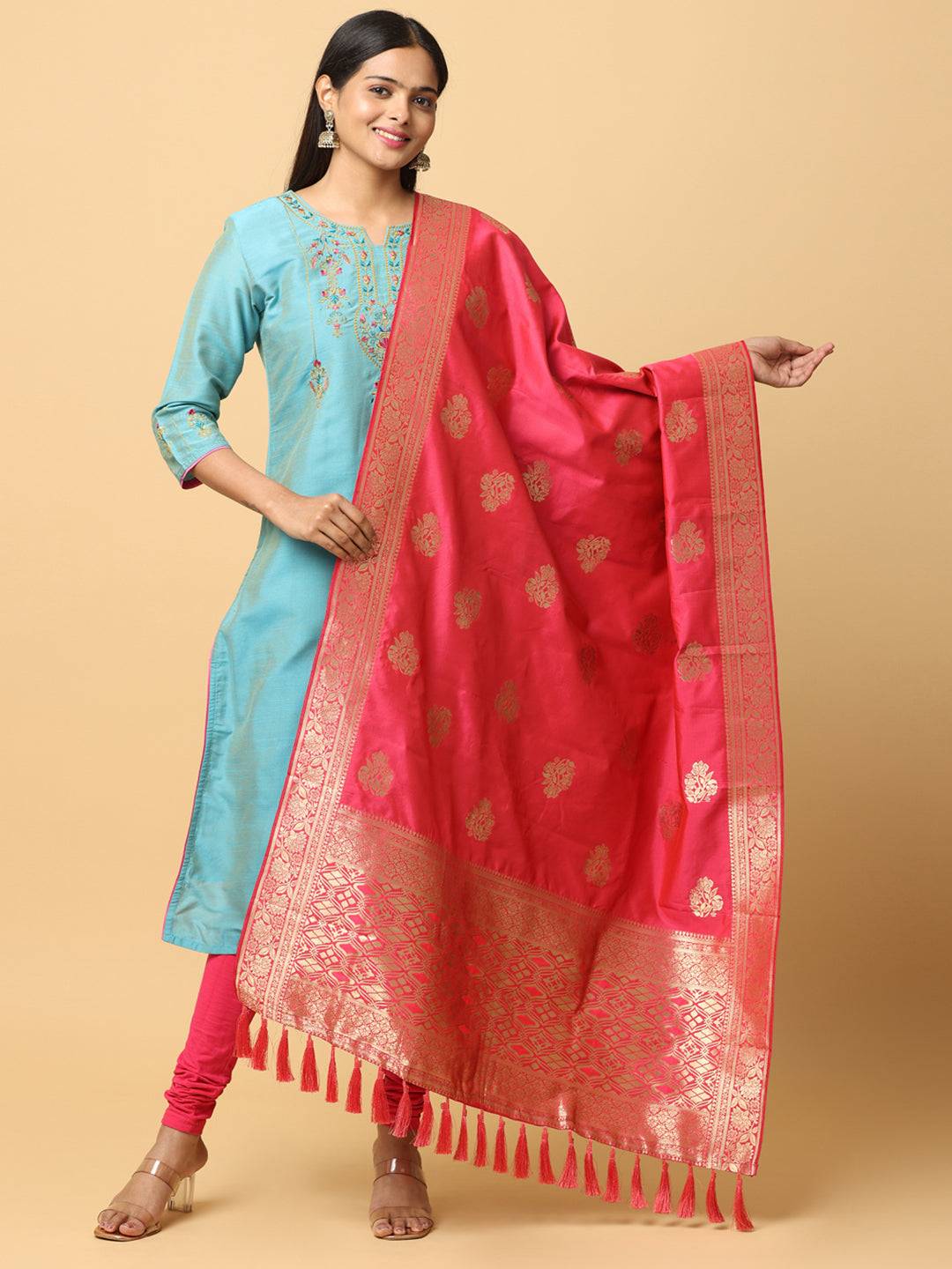 Pink Silk Blend Woven Design Dupatta