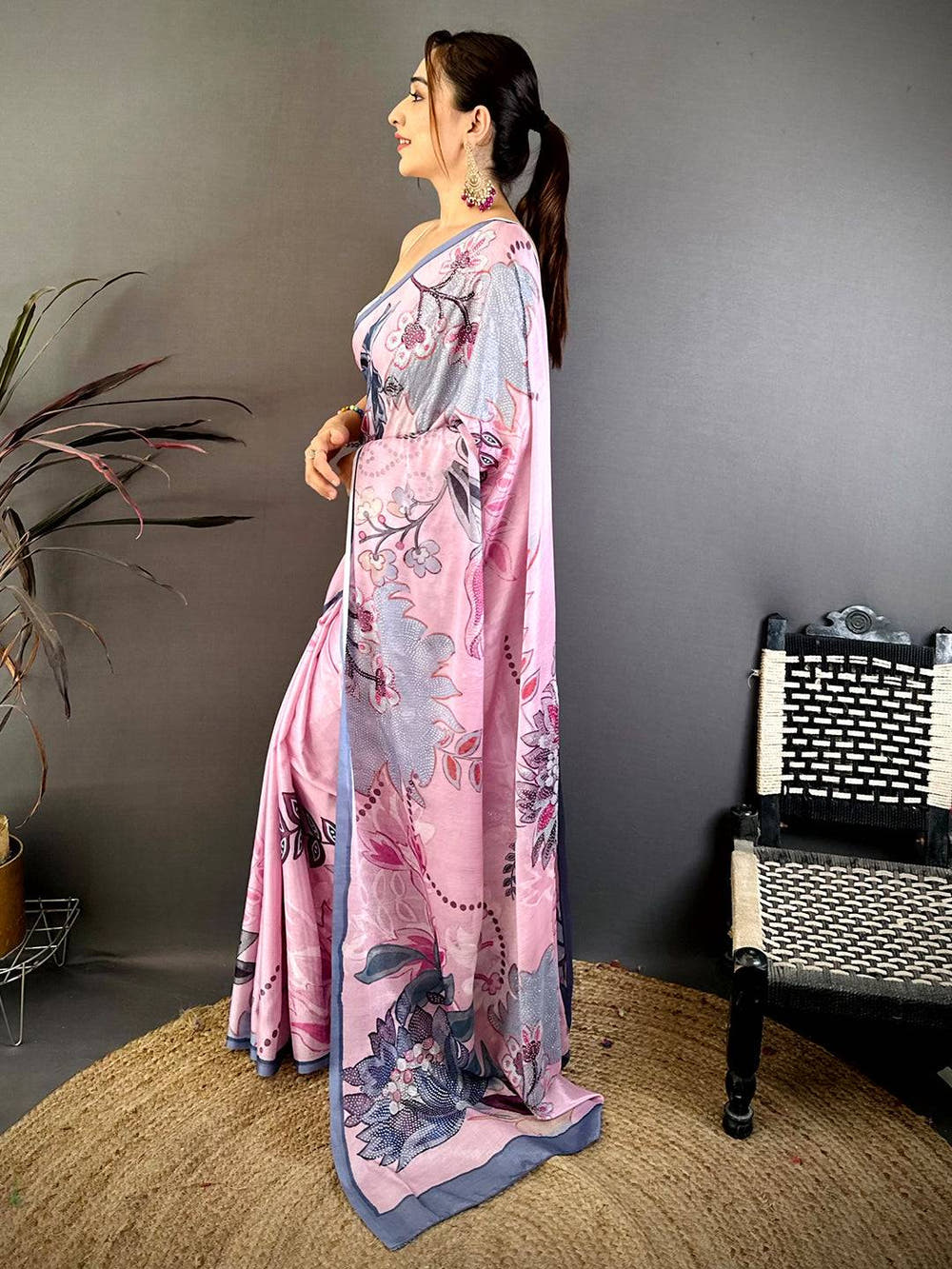 Pastel Pink Stone Work Floral Chinnon Saree