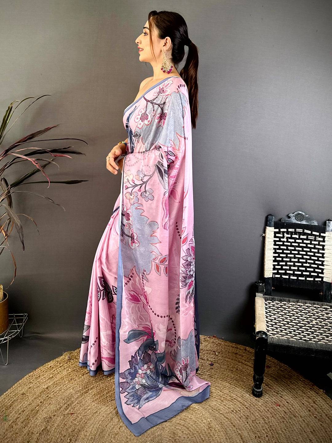 Pastel Pink Stone Work Floral Chinnon Saree