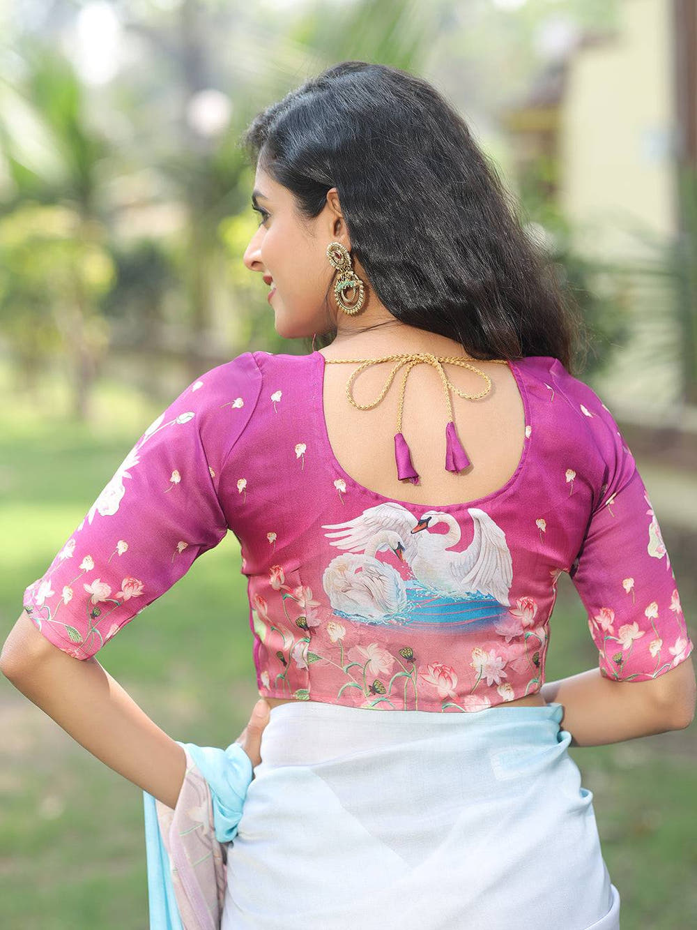 Satin Georgette Sky Blue Colour Hand Print Saree - Luxe