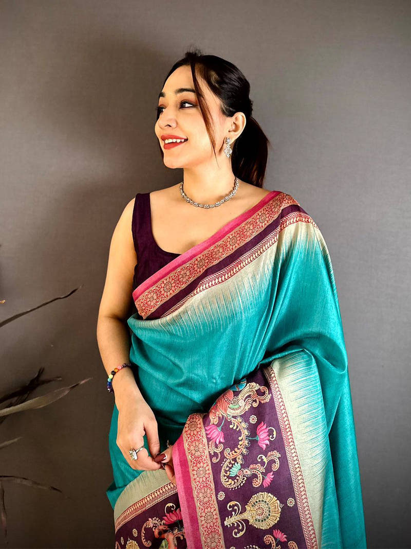 Teal Green Pen Kalamkari Saree