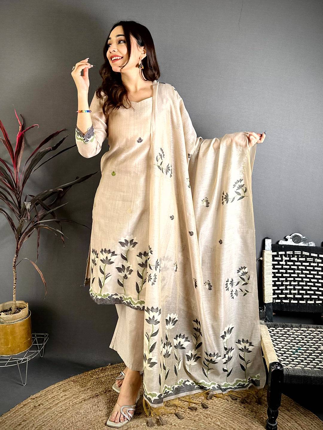 Classic Taupe Floral Cotton Dress