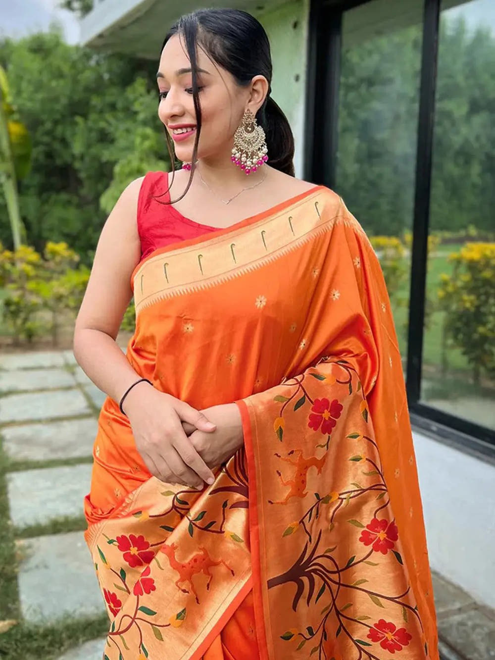 Orange Colour Paithani Big Border Woven Saree
