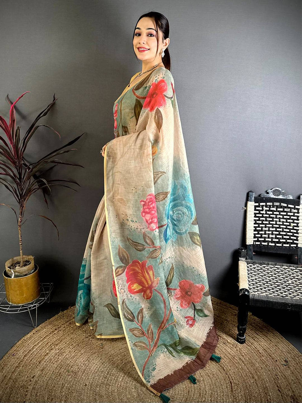 Sea Green Gold Zari Linen Chanderi Saree