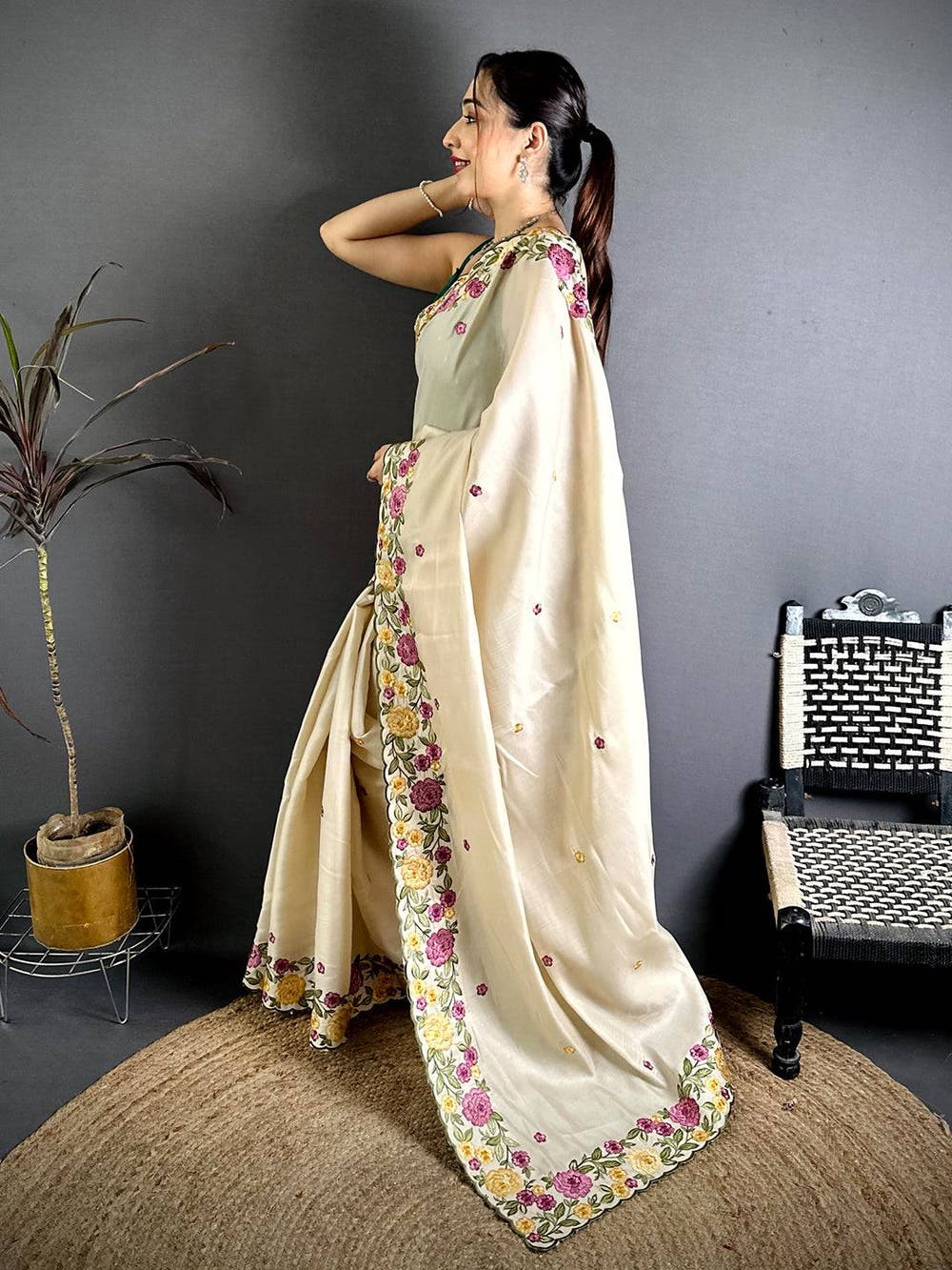 White Embroidered Cutwork Soft Silk Saree