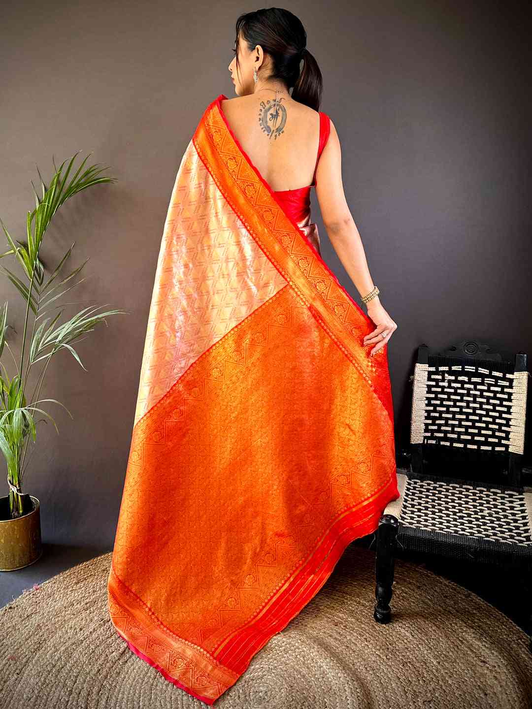 Red Golden Geometrics With Floral Elegance Saree