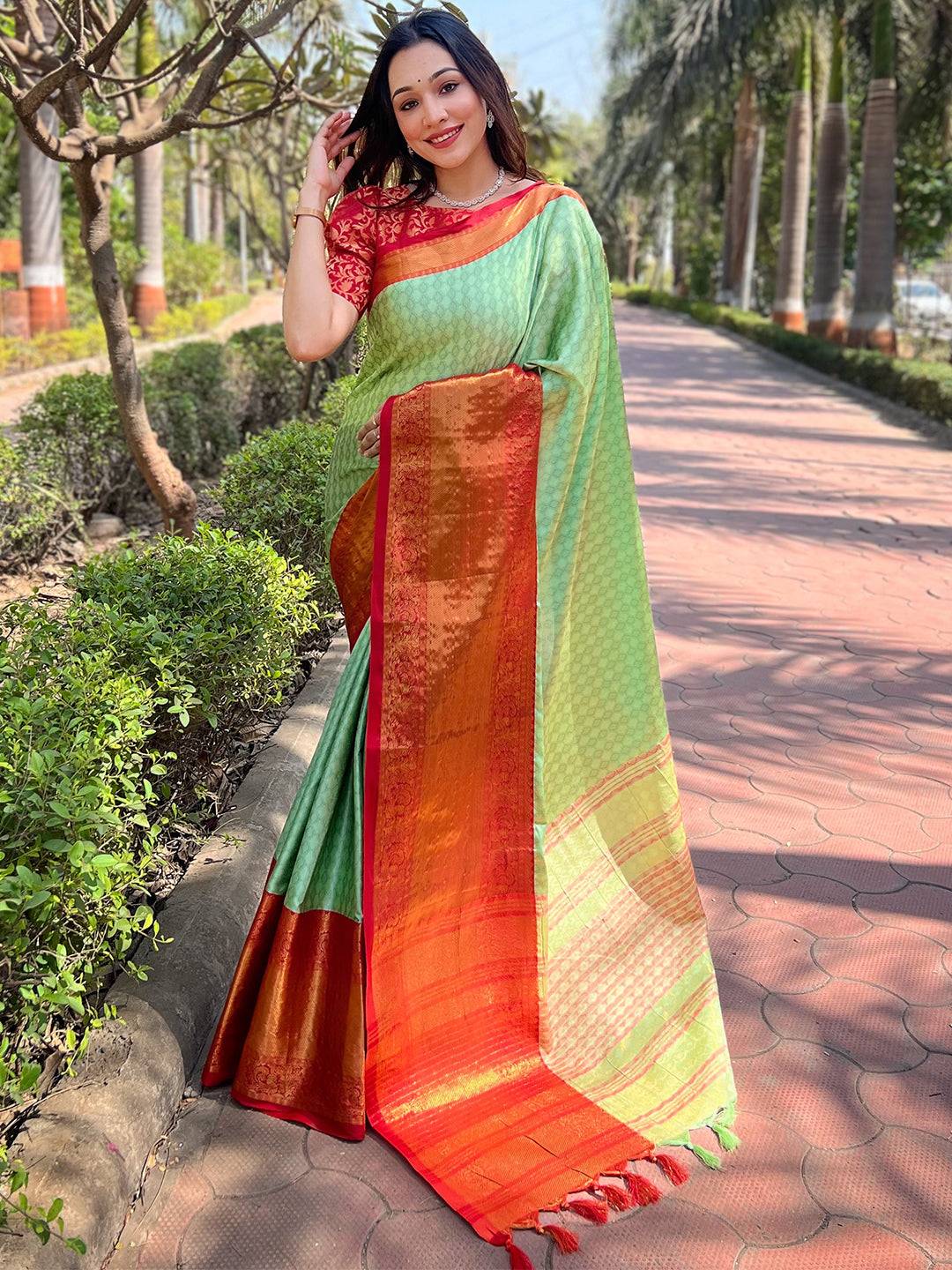 Pista Colour Kanjivaram Aura Soft Silk Saree With Broced Zari Blouse