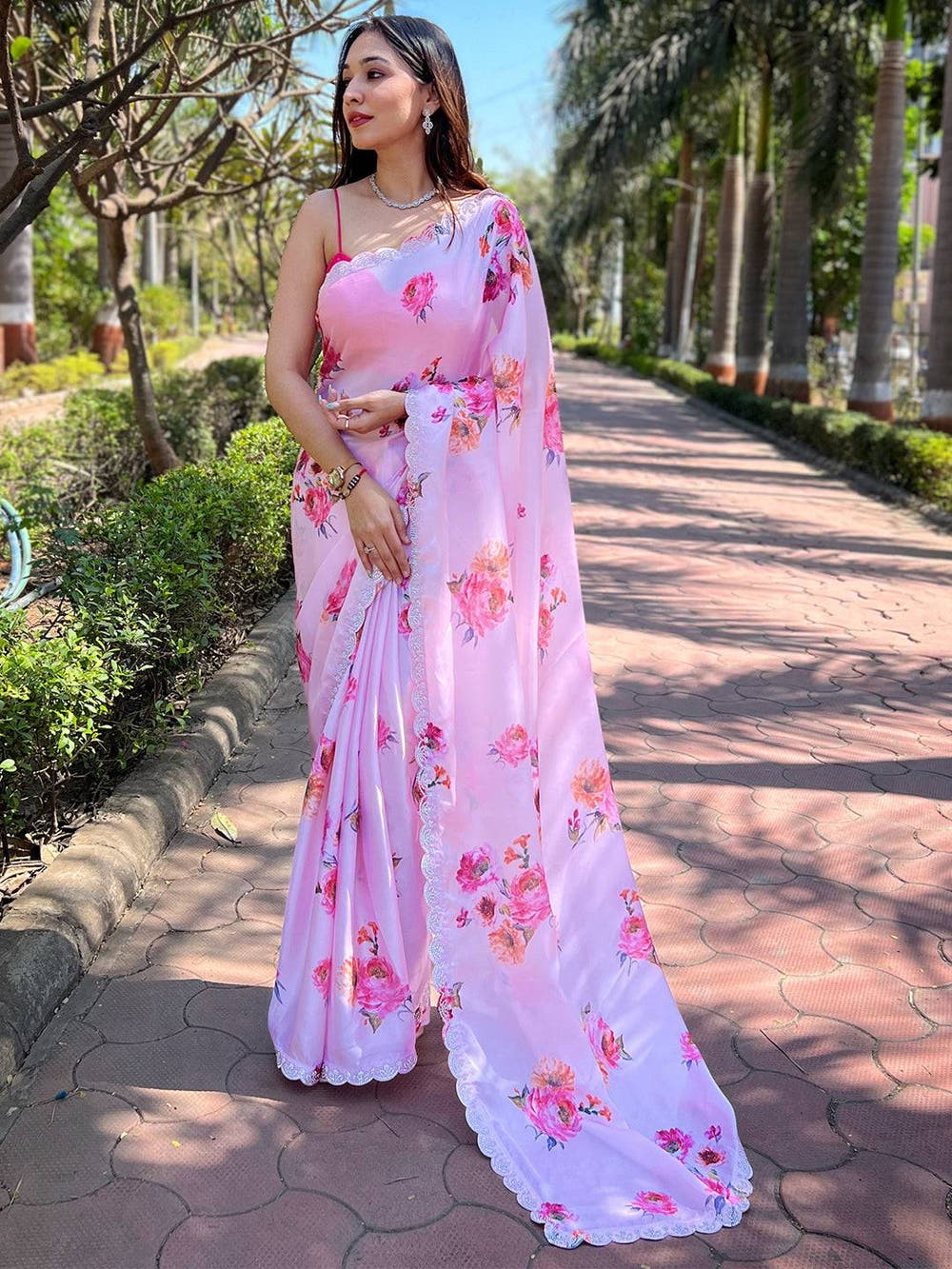 Pink Satin Georgette Floral Print Saree