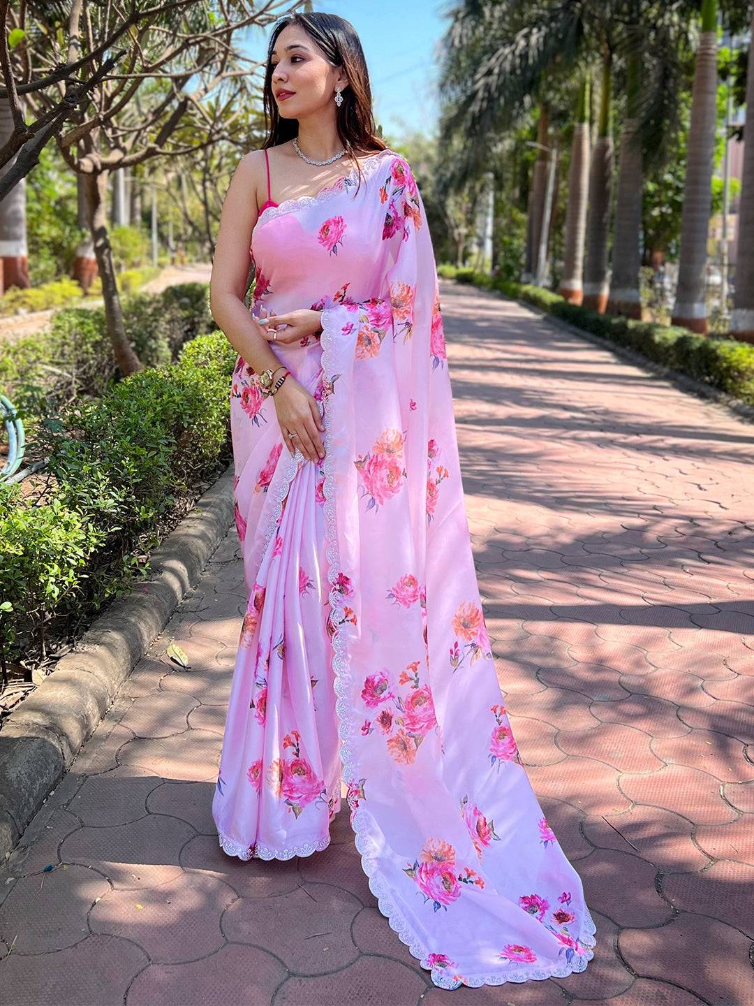 Pink Satin Georgette Floral Print Saree
