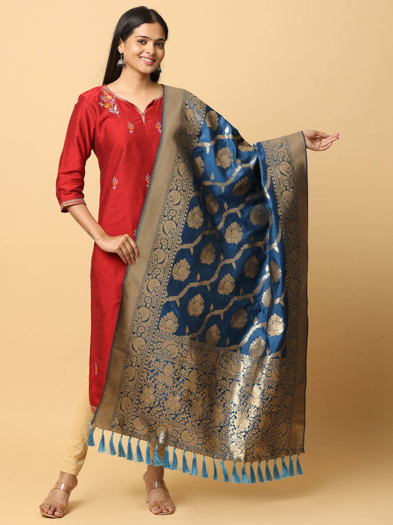 Royal Blue Silk Blend Woven Design Dupatta