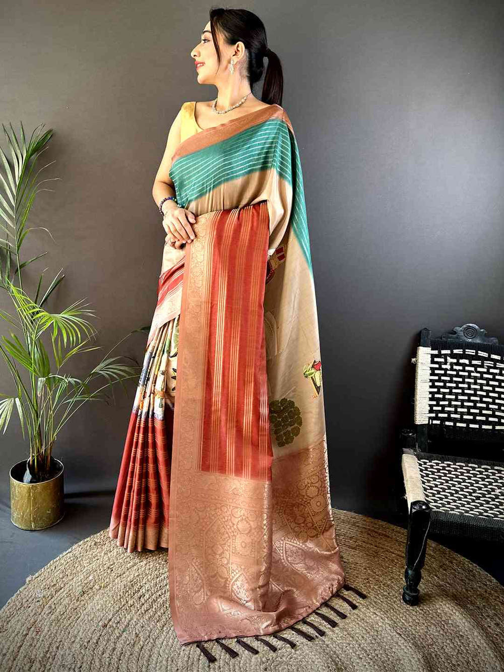 Teal Soft Crep Silk Ombre Print Saree