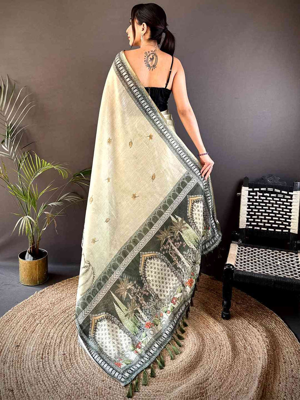 Mint Green Tissue Floral Leaf Print Saree
