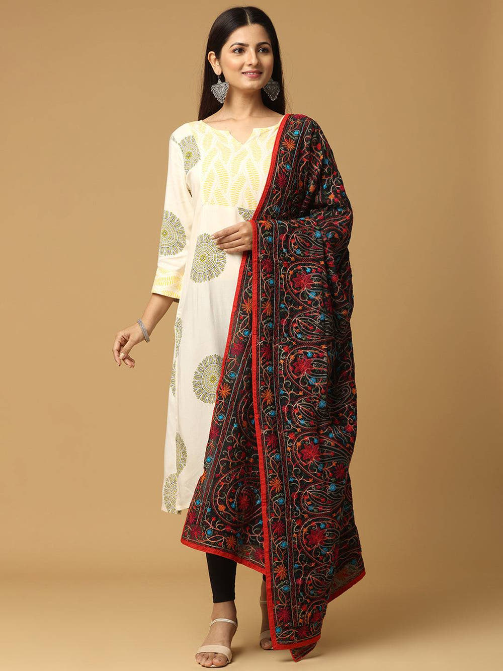 Black Green Red Floral Jaal Pashmina Dupatta