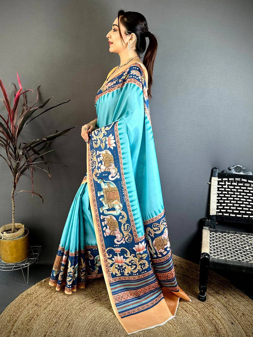 Aqua Tanjore Elephant Tussar Saree