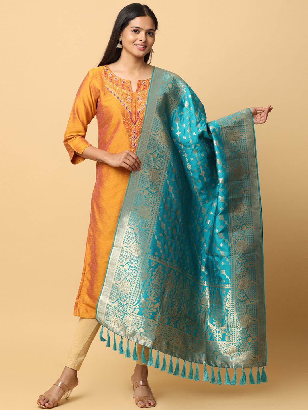 Latest Turquoise Colour Woven Design Silk Blend Dupatta